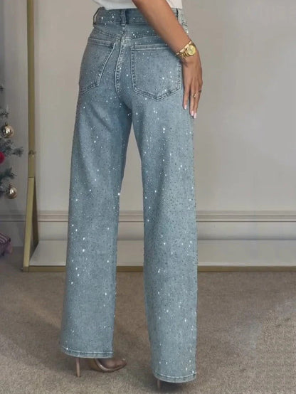 Madanne I jeans tiro alto con cristales