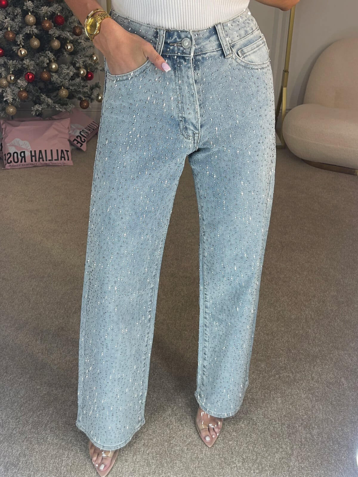 Madanne I jeans tiro alto con cristales